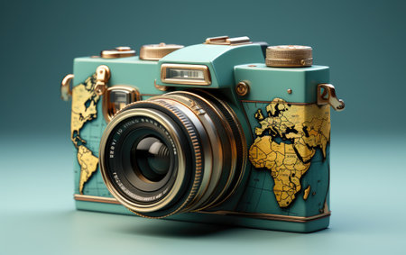 Retro camera with map of the world. 3d illustration.の素材