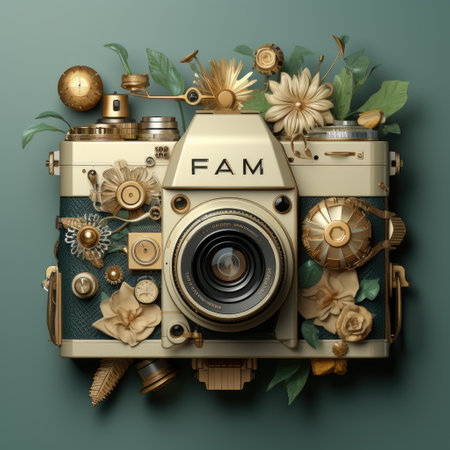 Retro camera with floral ornament on green background. 3d illustrationの素材