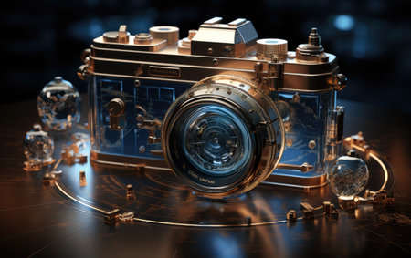 3d rendering of a retro camera on a dark background with metal elementsの素材