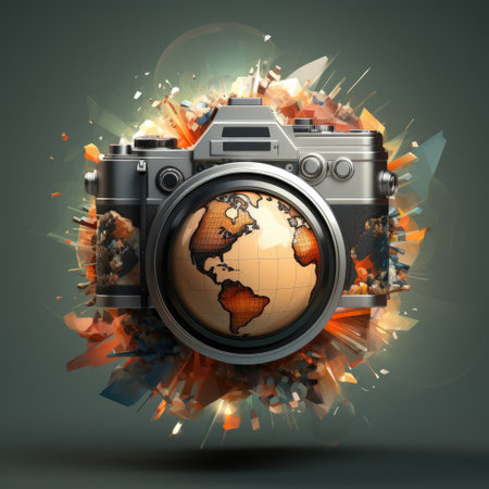 Modern digital camera with earth globe on abstract background. 3D renderingの素材