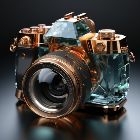 3d illustration of old camera on a dark background with reflection.の素材