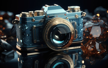Vintage camera on a black reflective background. 3d rendering.の素材