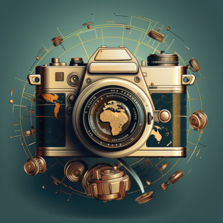 Retro camera with world map on the background. Vector illustration.の素材