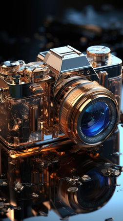 Retro camera on a black background with reflection. 3d renderingの素材