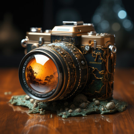 Vintage camera on a wooden table with Christmas tree in the backgroundの素材
