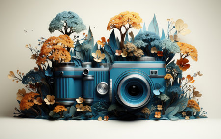 Vintage camera with flowers and leaves. 3d illustration. Vintage style.の素材