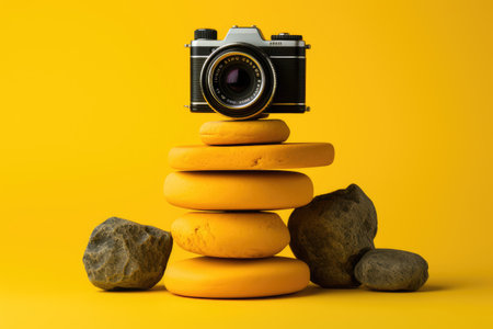 Pile of stones and a retro camera on a yellow background.の素材