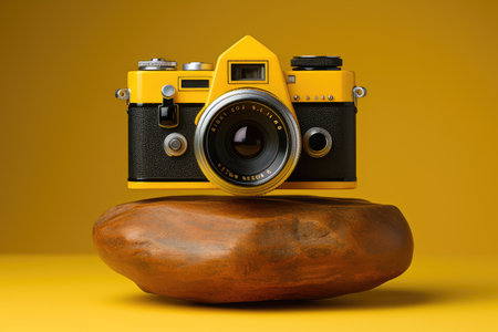 Vintage camera on a stone, yellow background, 3d renderの素材