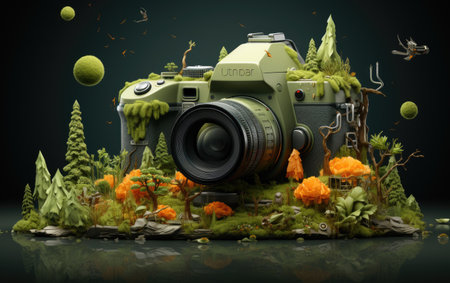 3d illustration of a digital camera surrounded by plants and flowers.の素材