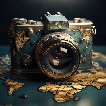 Old camera and map of the world on a dark background. Travel conceptの素材