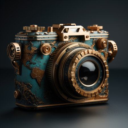 Vintage camera on a dark background. Travel concept. 3d renderingの素材