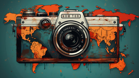 Vintage camera with map on grunge background. Vector illustration.の素材