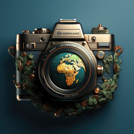 Vintage camera with world map on blue background. 3d illustrationの素材