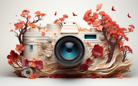 Vintage camera with flowers on white background. 3d illustration.の素材