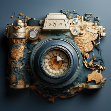 Vintage camera and map on a blue background. 3d renderingの素材