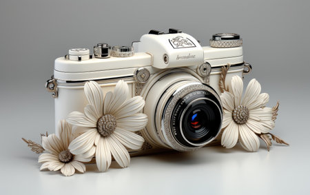 Vintage camera with flowers on grey background. 3d illustration.の素材