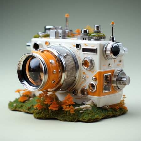 Vintage camera model on green grass. 3d render illustration.の素材