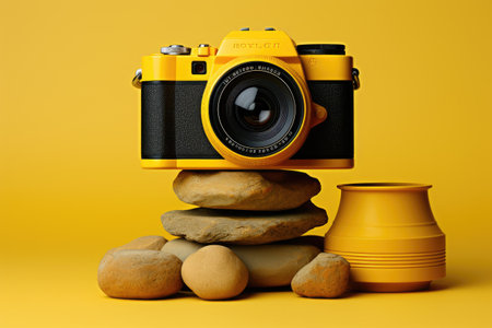 Retro camera and a pot of clay on a yellow background.の素材