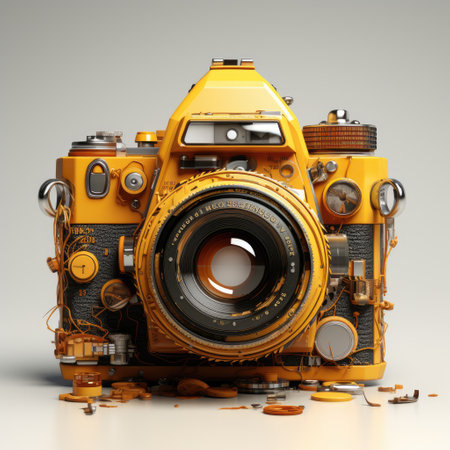Vintage yellow photo camera on a gray background. 3d renderingの素材
