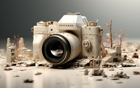 Conceptual image with a film camera and a ruined city.の素材