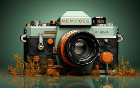 Retro camera on a green background. 3D illustration. Vintage style.の素材