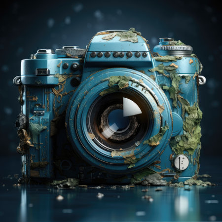 Old blue camera on a dark background with dust, 3d renderの素材