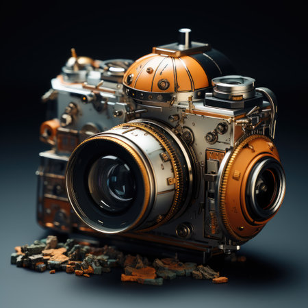 Vintage old camera on a dark background. 3d illustration.の素材