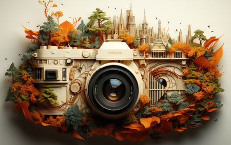 Vintage camera with cityscape on white background. 3D illustration.の素材