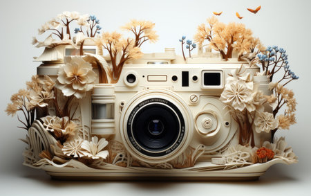 Retro camera decorated with flowers on white background. 3d renderingの素材