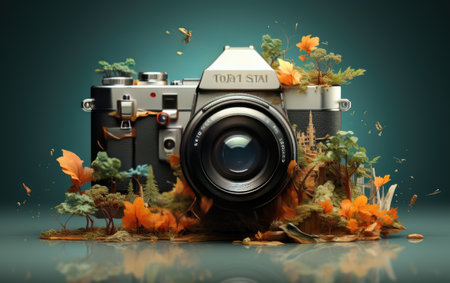 Vintage camera and autumn leaves on green background. 3d illustrationの素材