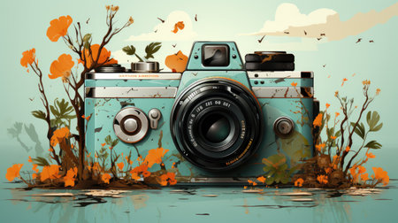 Retro camera in surreal landscape with flowers and leaves, digital illustrationの素材