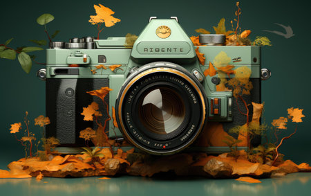 Retro camera with autumn leaves on a green background. 3d renderの素材