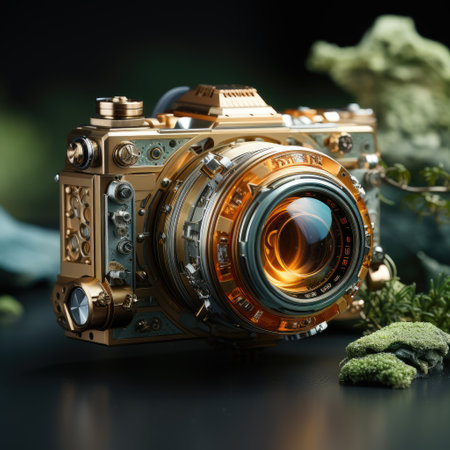 Vintage camera on a black background, close-up, selective focusの素材