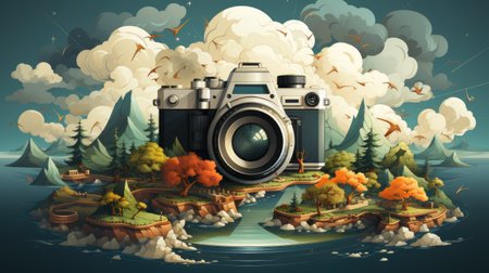 Illustration of a fantasy landscape with a retro camera in the waterの素材