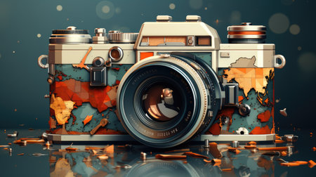 Retro camera with map on a dark background. 3d illustrationの素材