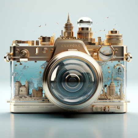 Vintage camera and city buildings on blue background. 3d illustrationの素材
