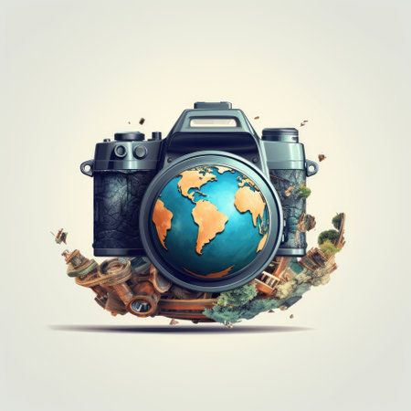 Traveling around the world by camera and binoculars. Vector illustration.の素材