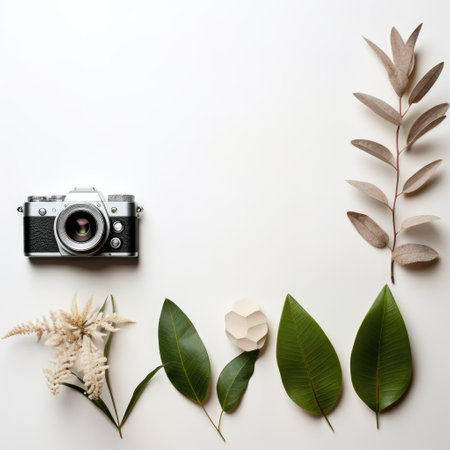 Flat lay composition with vintage camera and eucalyptus leaves on white backgroundの素材