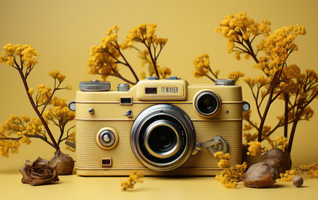 Retro camera with yellow flowers on a yellow background. Minimal photography concept.の素材