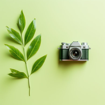 Retro camera and green leaves on green background. Flat lay, top viewの素材