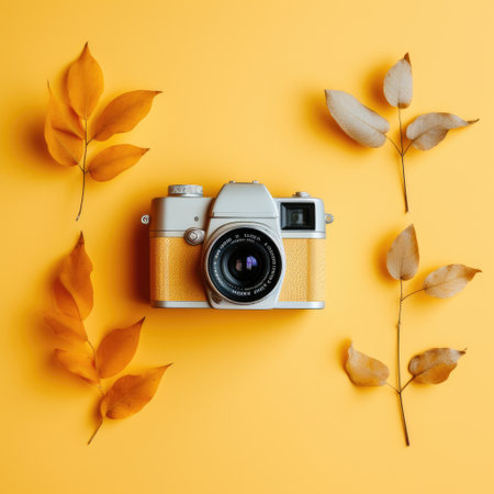 Retro camera and autumn leaves on yellow background. Flat lay, top viewの素材
