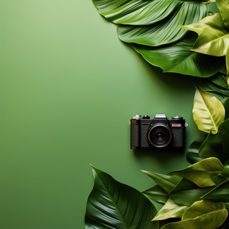 Creative layout made of tropical leaves and retro camera on green backgroundの素材