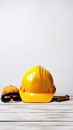 Hard hat and safety goggles on white wooden background. Copy space.の素材