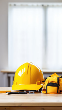 Yellow hard hat with safety equipment on the desk in the office.の素材