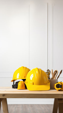 Yellow safety helmets and tools on wooden table in front of white wall.の素材