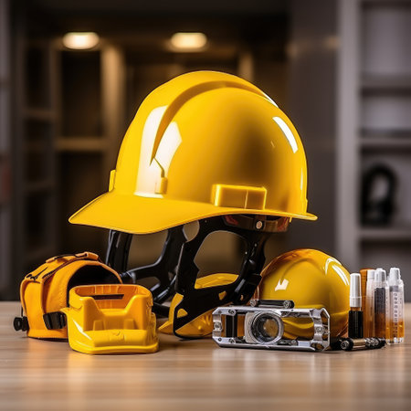 Hardhat and safety equipment on wooden table in front of building background.の素材