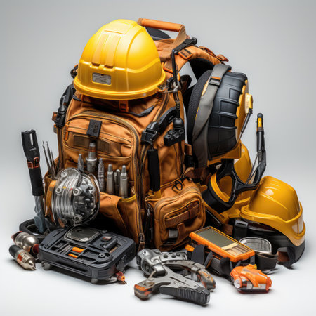 Set of construction tools on a gray background. Equipment for repair.の素材