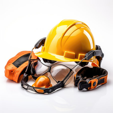 Safety helmet, safety glasses and hard hat on a white background.の素材