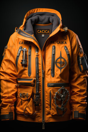 Orange winter jacket with a zipper on a black background. Close-up.の素材