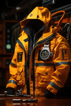 Fireman uniform in the fire station, closeup of photo.の素材